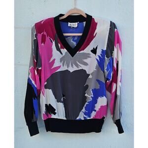 VINTAGE 80s Blouse Women Size 8 Pink Purple Abstract 100% Silk V Neck Top Shirt